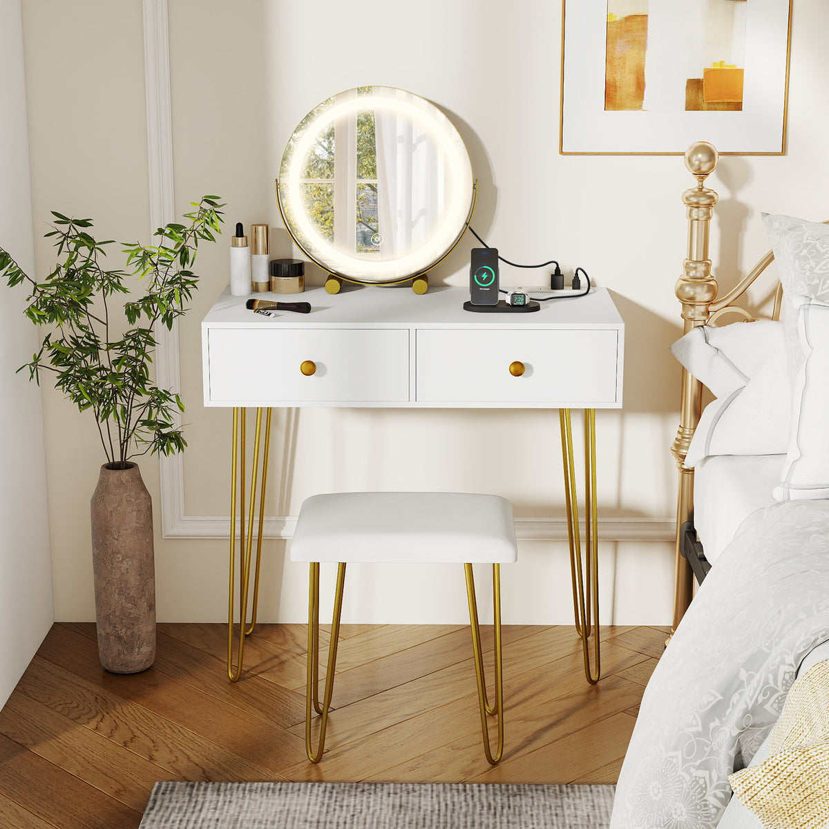 Vanity Desk with Lighted Adjustable Mirror, White