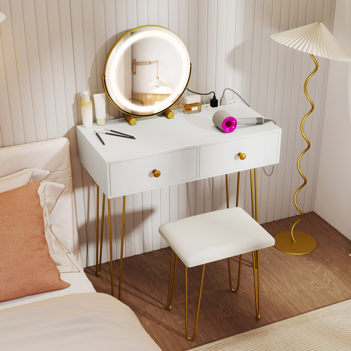 Vanity Desk with Lighted Adjustable Mirror, White