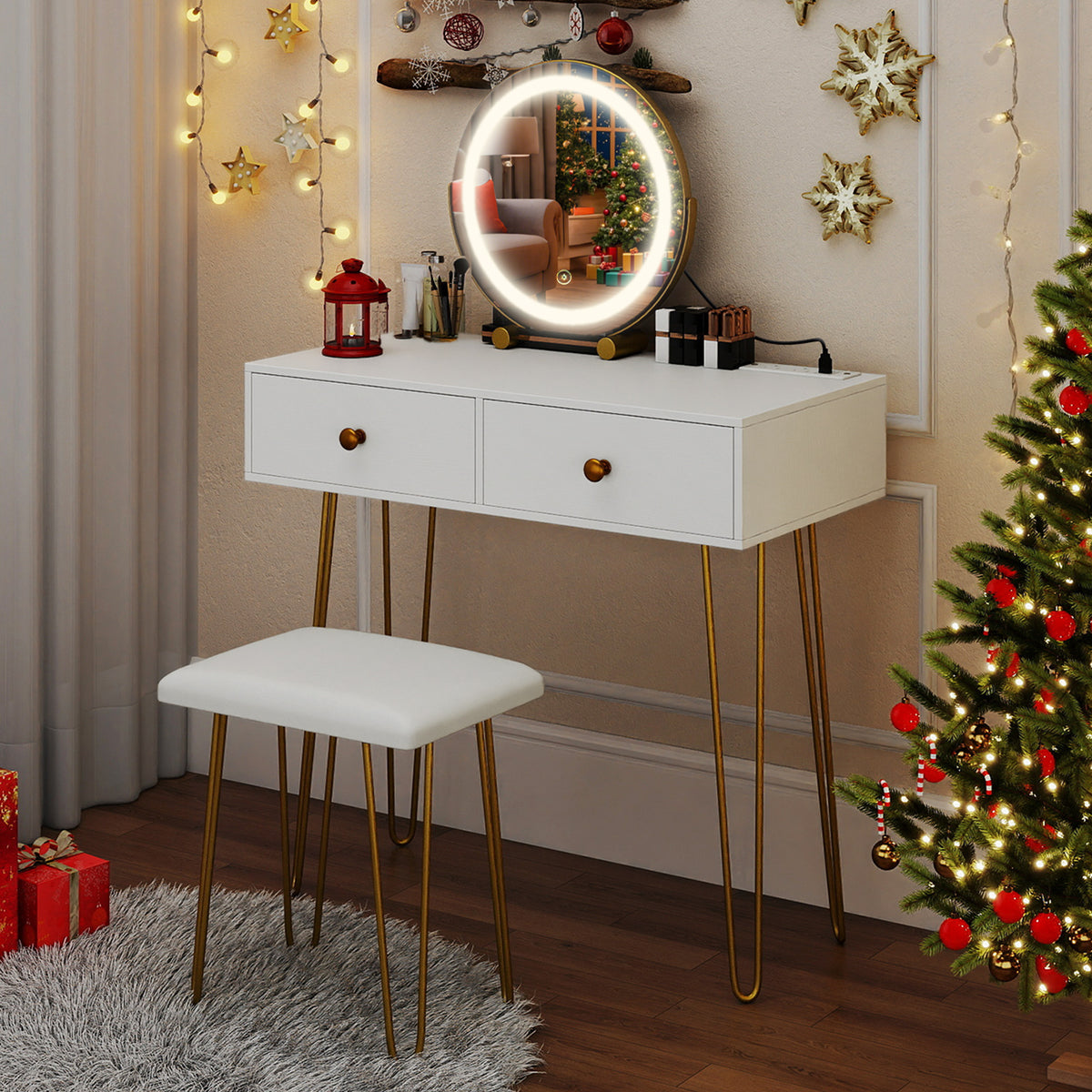 Vanity Desk with Lighted Adjustable Mirror, White