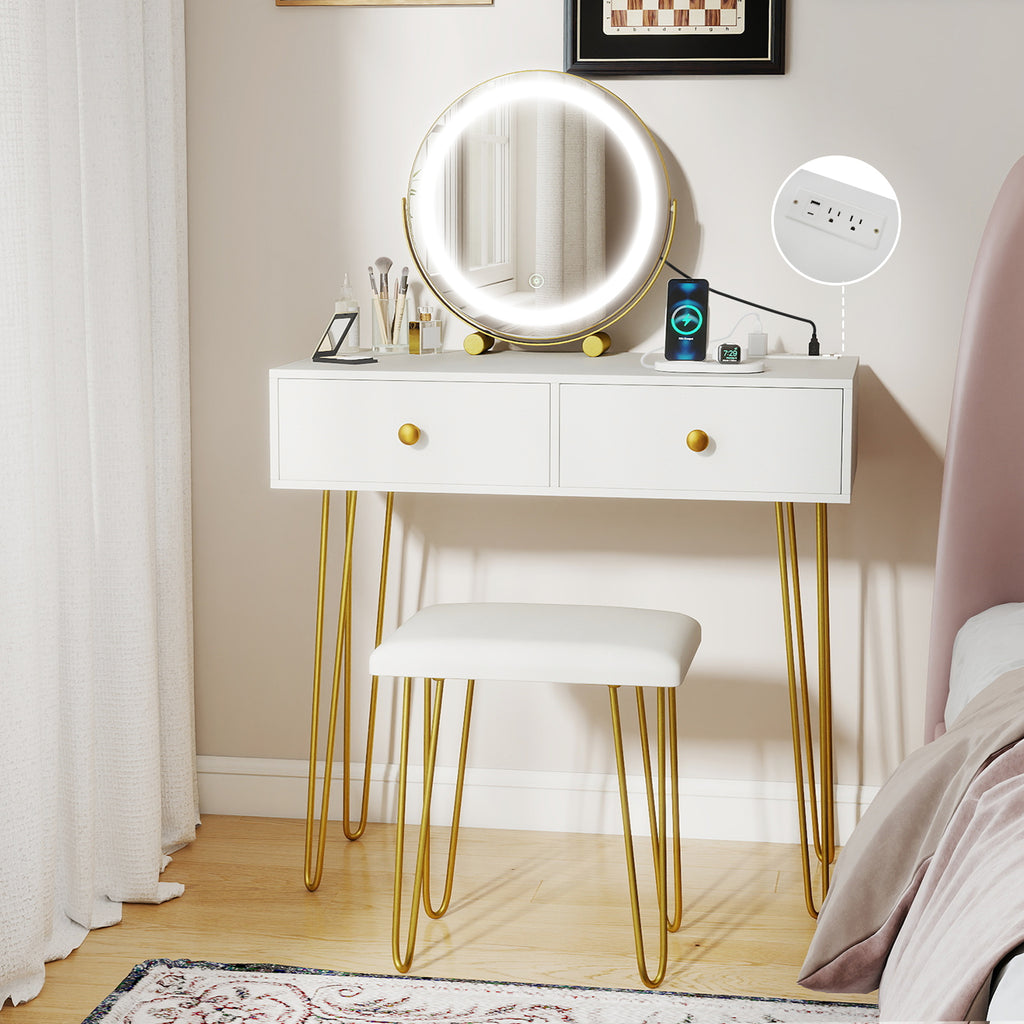 Vanity Desk with Lighted Adjustable Mirror, White