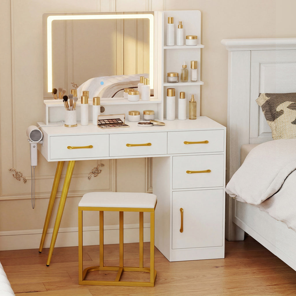Vanity Set with Mirror and Lights, Adjustable Brightness - White