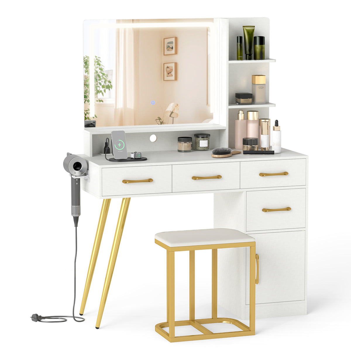 Vanity Set with Mirror and Lights, Adjustable Brightness - White