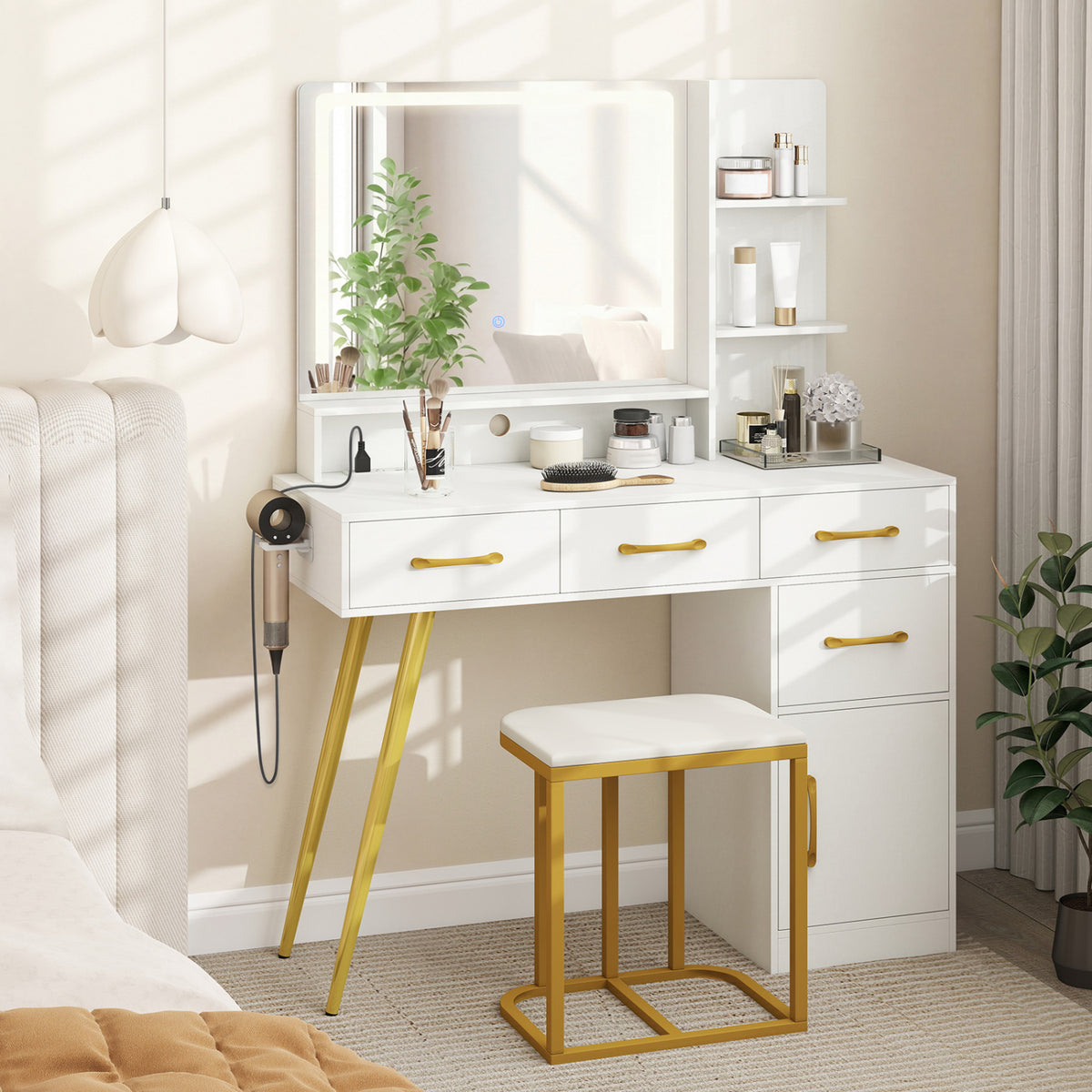 Vanity Set with Mirror and Lights, Adjustable Brightness - White