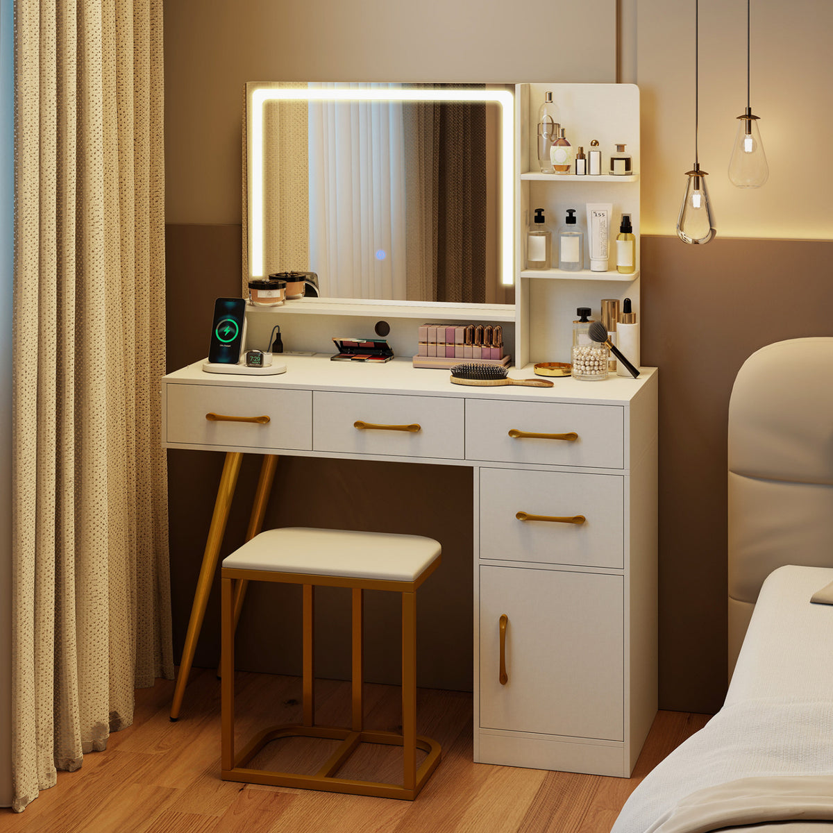 Vanity Set with Mirror and Lights, Adjustable Brightness - White