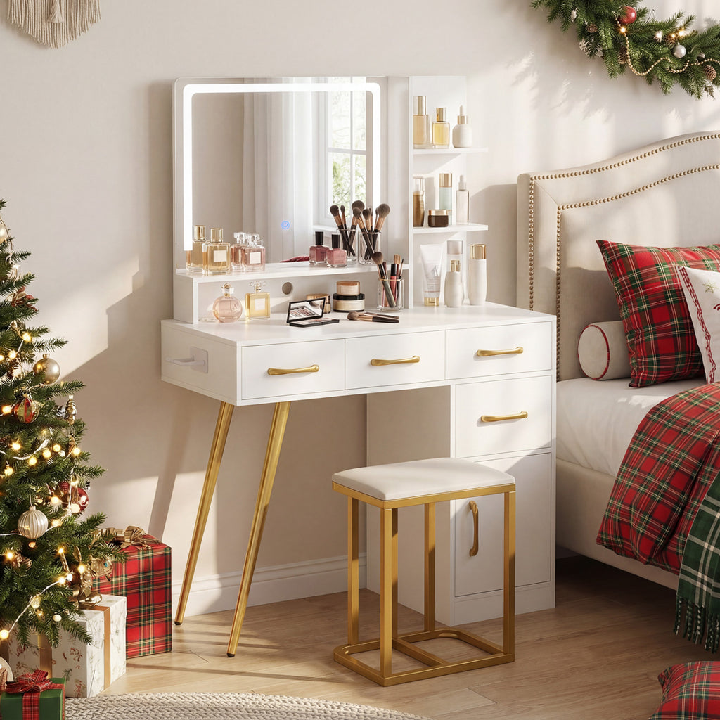 Vanity Set with Mirror and Lights, Adjustable Brightness - White