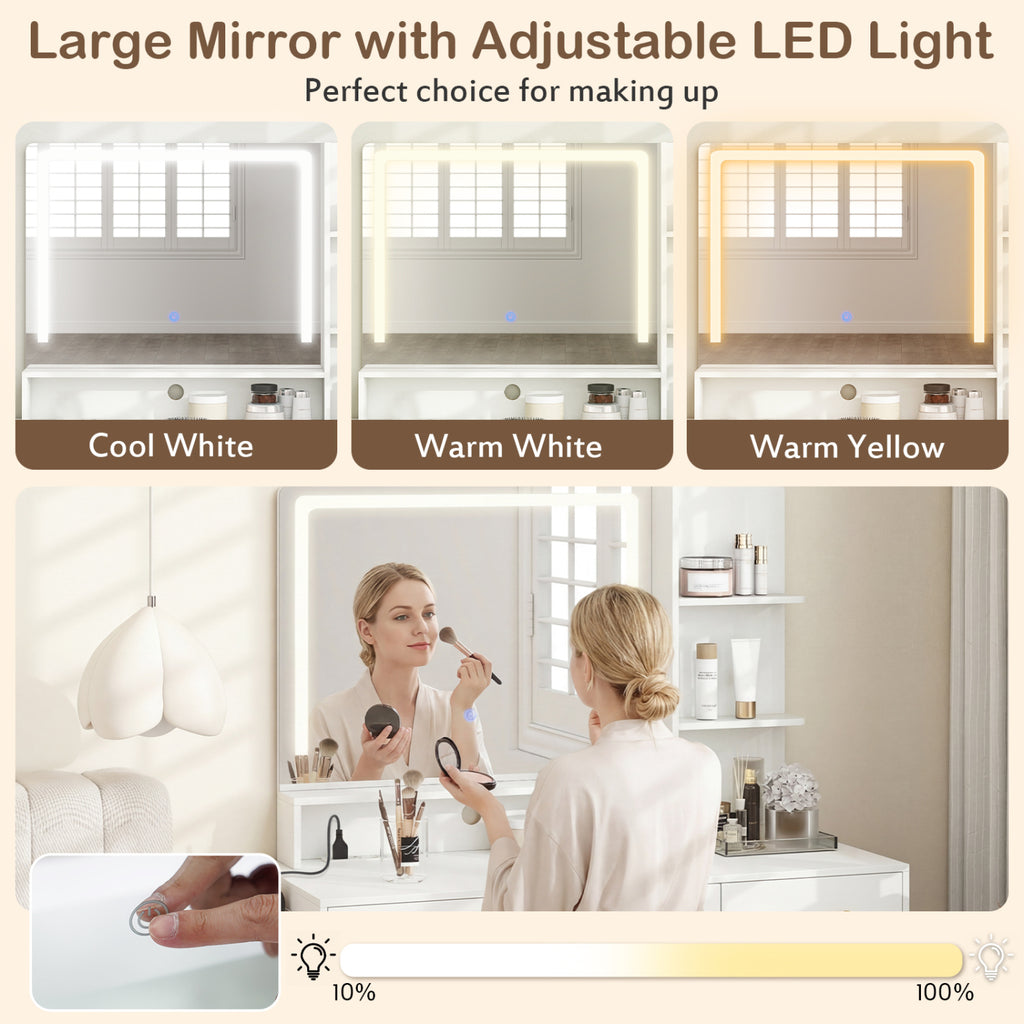 Vanity Set with Mirror and Lights, Adjustable Brightness - White