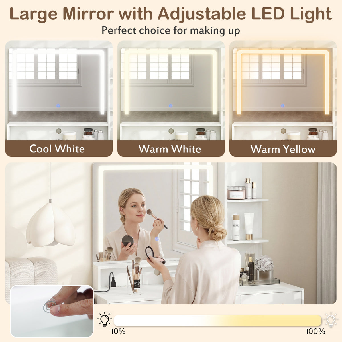 Vanity Set with Mirror and Lights, Adjustable Brightness - White