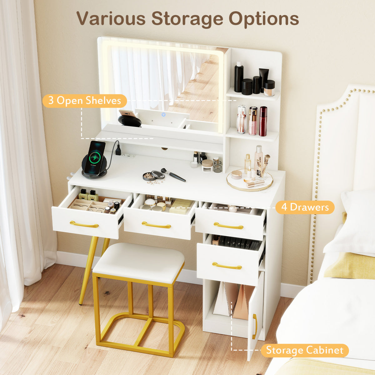 Vanity Set with Mirror and Lights, Adjustable Brightness - White