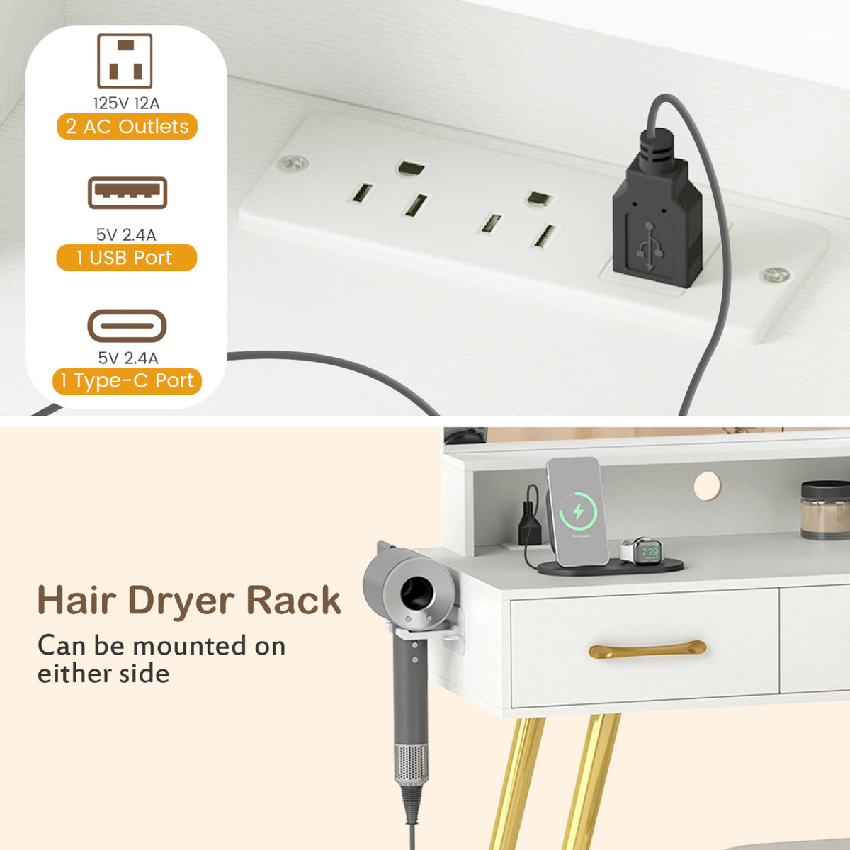 Vanity Set with Mirror and Lights, Adjustable Brightness - White
