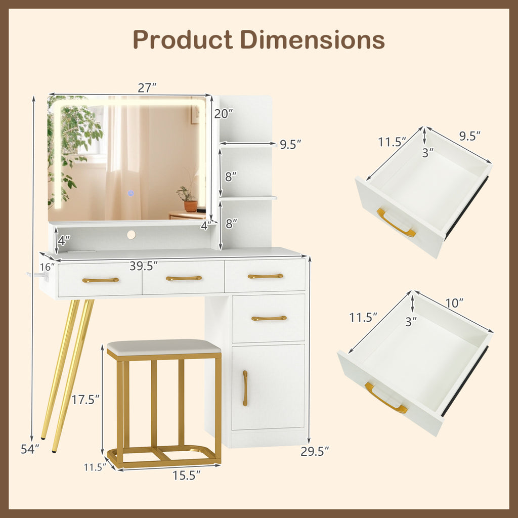 Vanity Set with Mirror and Lights, Adjustable Brightness - White