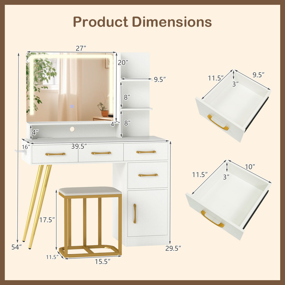 Vanity Set with Mirror and Lights, Adjustable Brightness - White