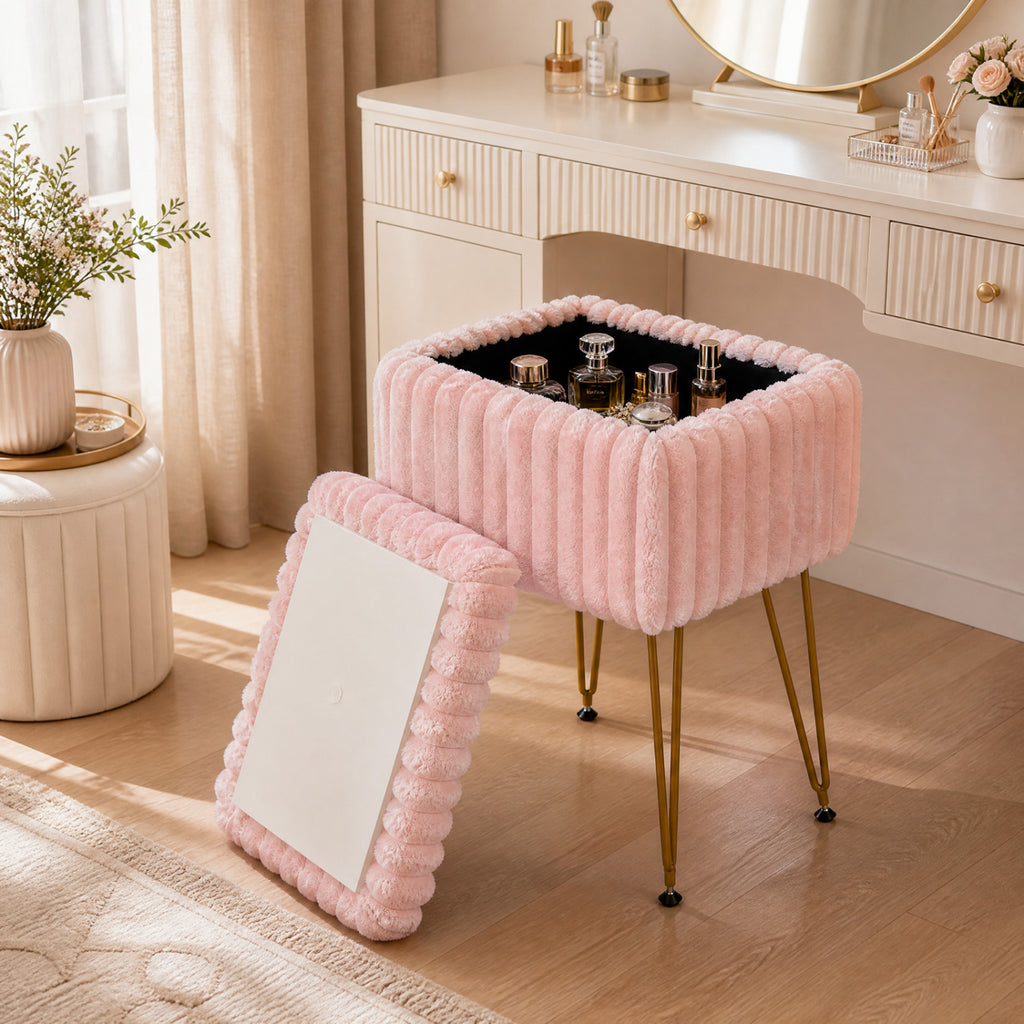 Faux Fur Vanity Stool with Storage & Reversible Lid - Pink