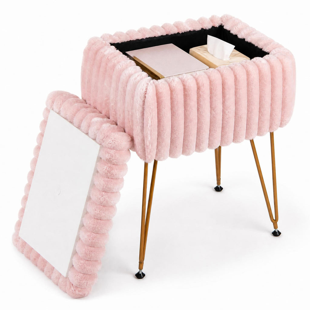 Faux Fur Vanity Stool with Storage & Reversible Lid - Pink