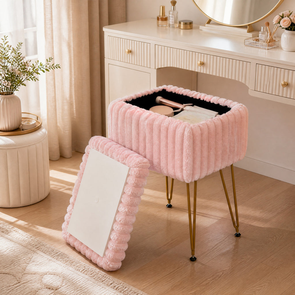 Faux Fur Vanity Stool with Storage & Reversible Lid - Pink