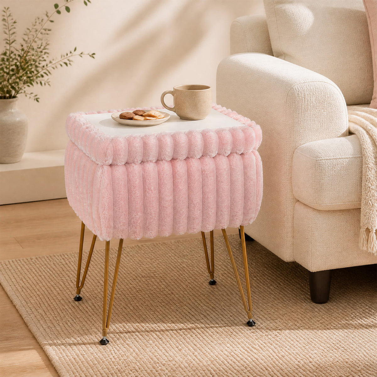 Faux Fur Vanity Stool with Storage & Reversible Lid - Pink