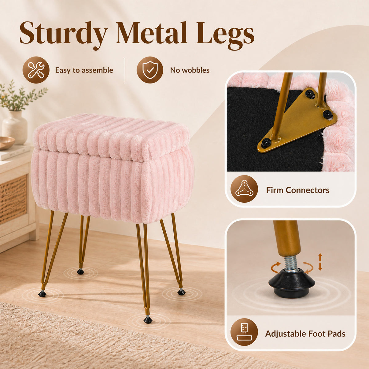 Faux Fur Vanity Stool with Storage & Reversible Lid - Pink