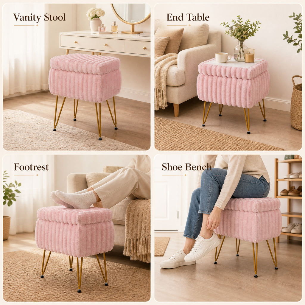 Faux Fur Vanity Stool with Storage & Reversible Lid - Pink
