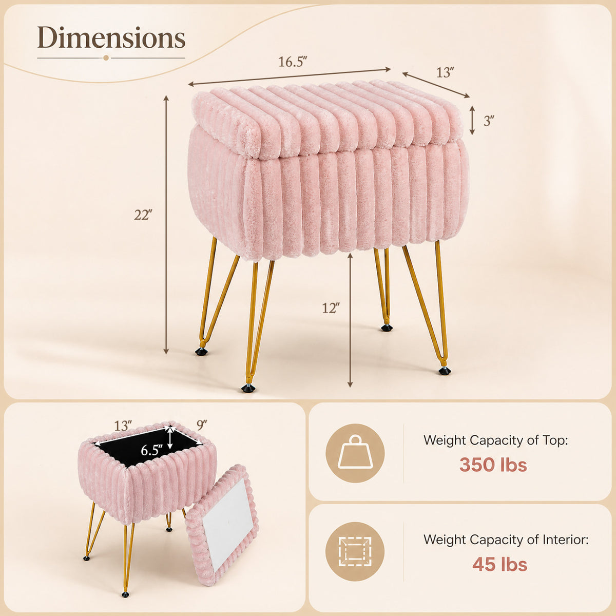 Faux Fur Vanity Stool with Storage & Reversible Lid - Pink