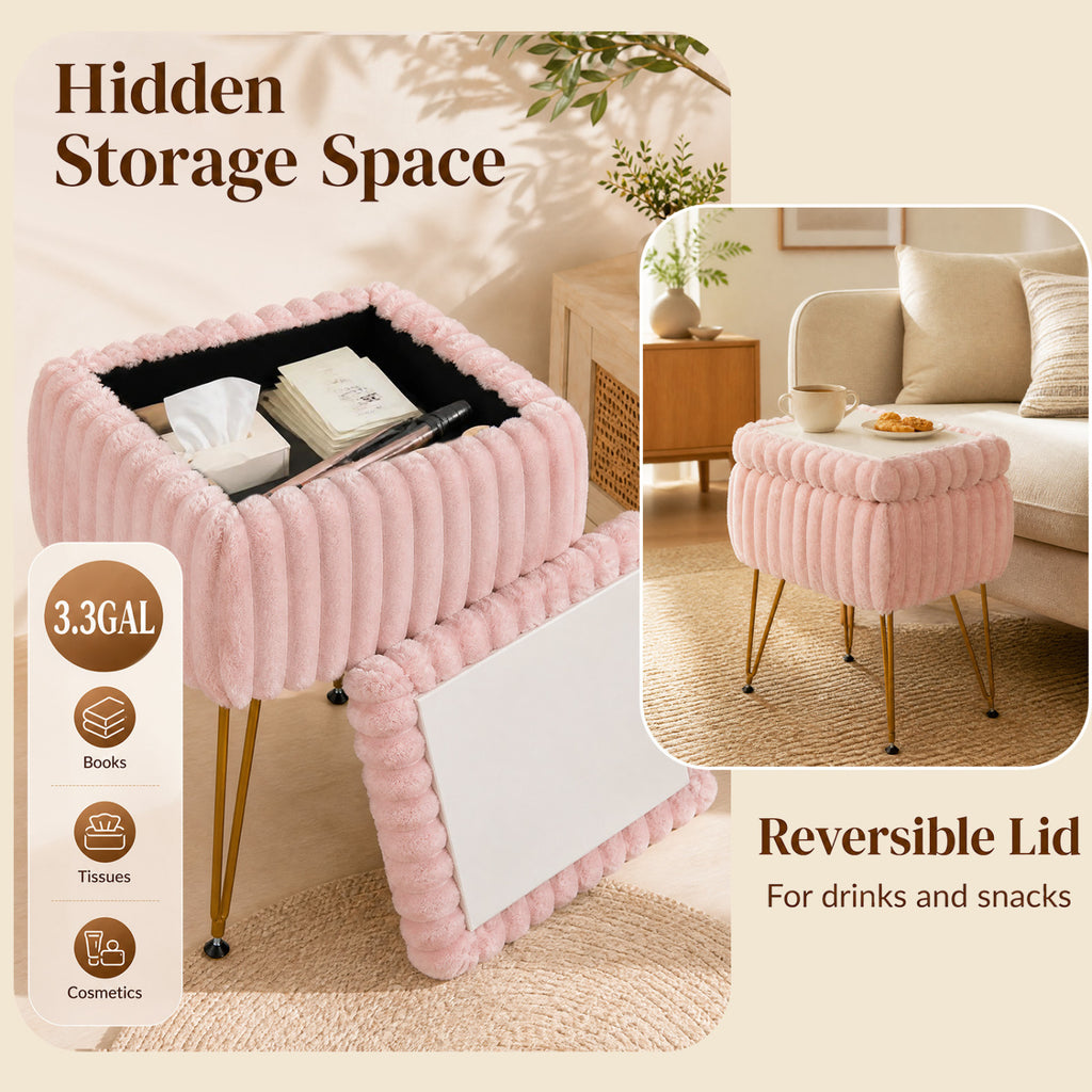 Faux Fur Vanity Stool with Storage & Reversible Lid - Pink