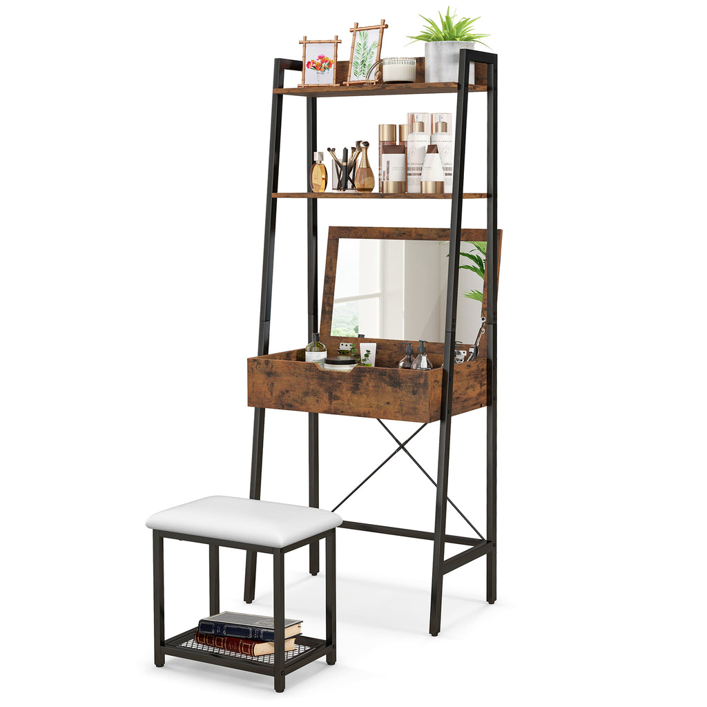 Ladder Vanity Desk with Flip Top Mirror and Cushioned Stool - Black