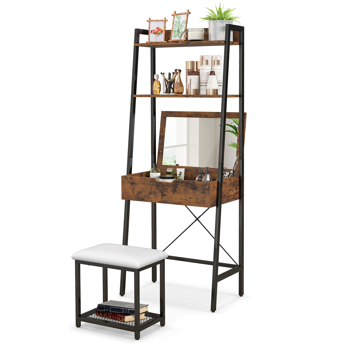 Ladder Vanity Desk with Flip Top Mirror and Cushioned Stool - Black