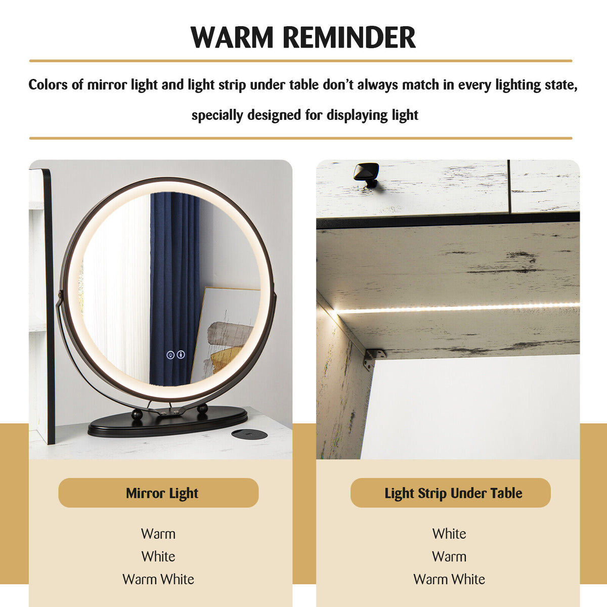 Vanity Table Set with Lighted Mirror and Stool - White with Cabinet