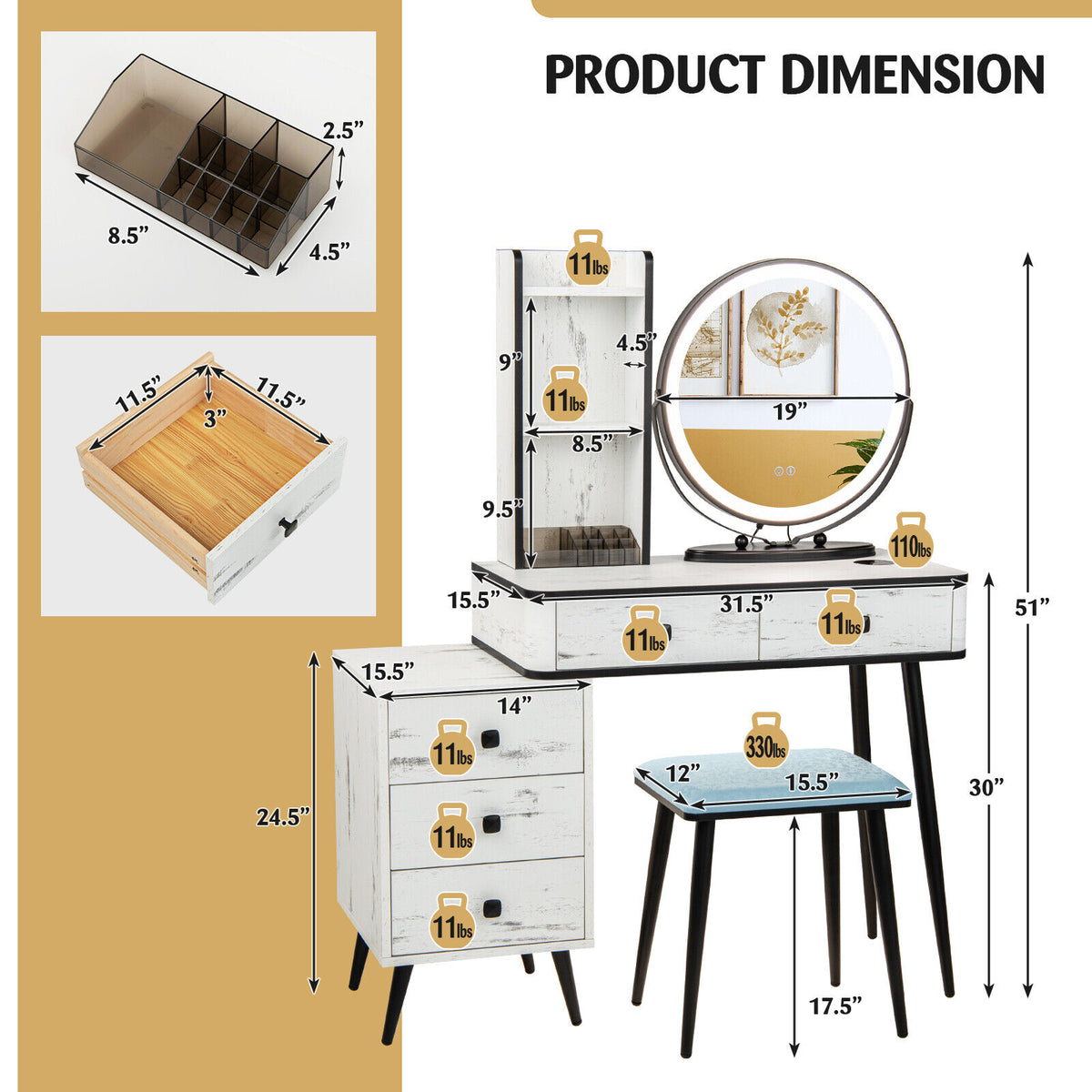 Vanity Table Set with Lighted Mirror and Stool - White with Cabinet