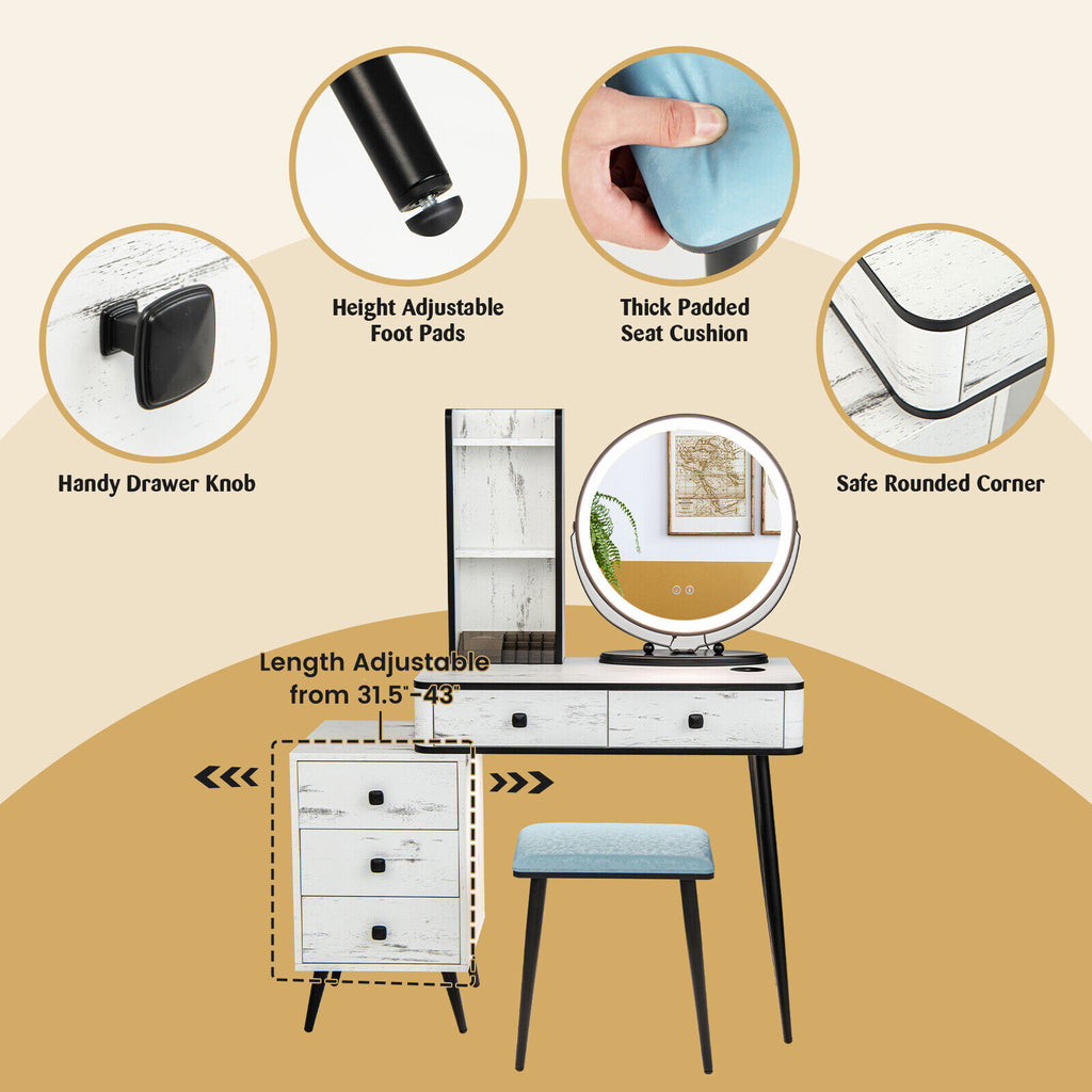 Vanity Table Set with Lighted Mirror and Stool - White with Cabinet