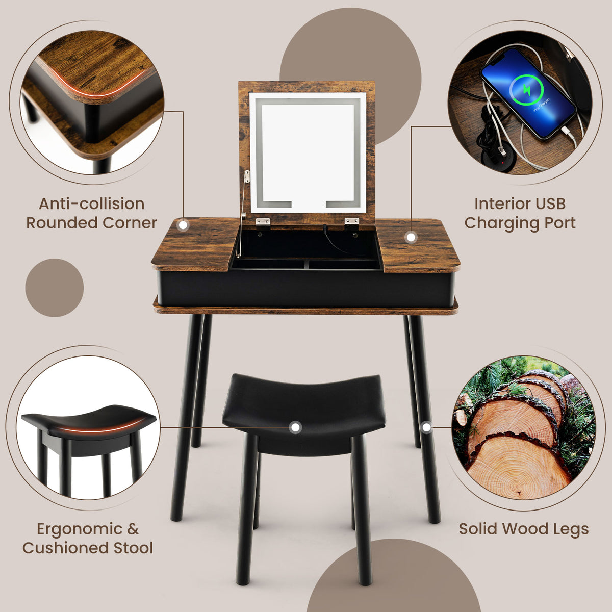 Vanity Table Set with LED Mirror and Storage - Brown