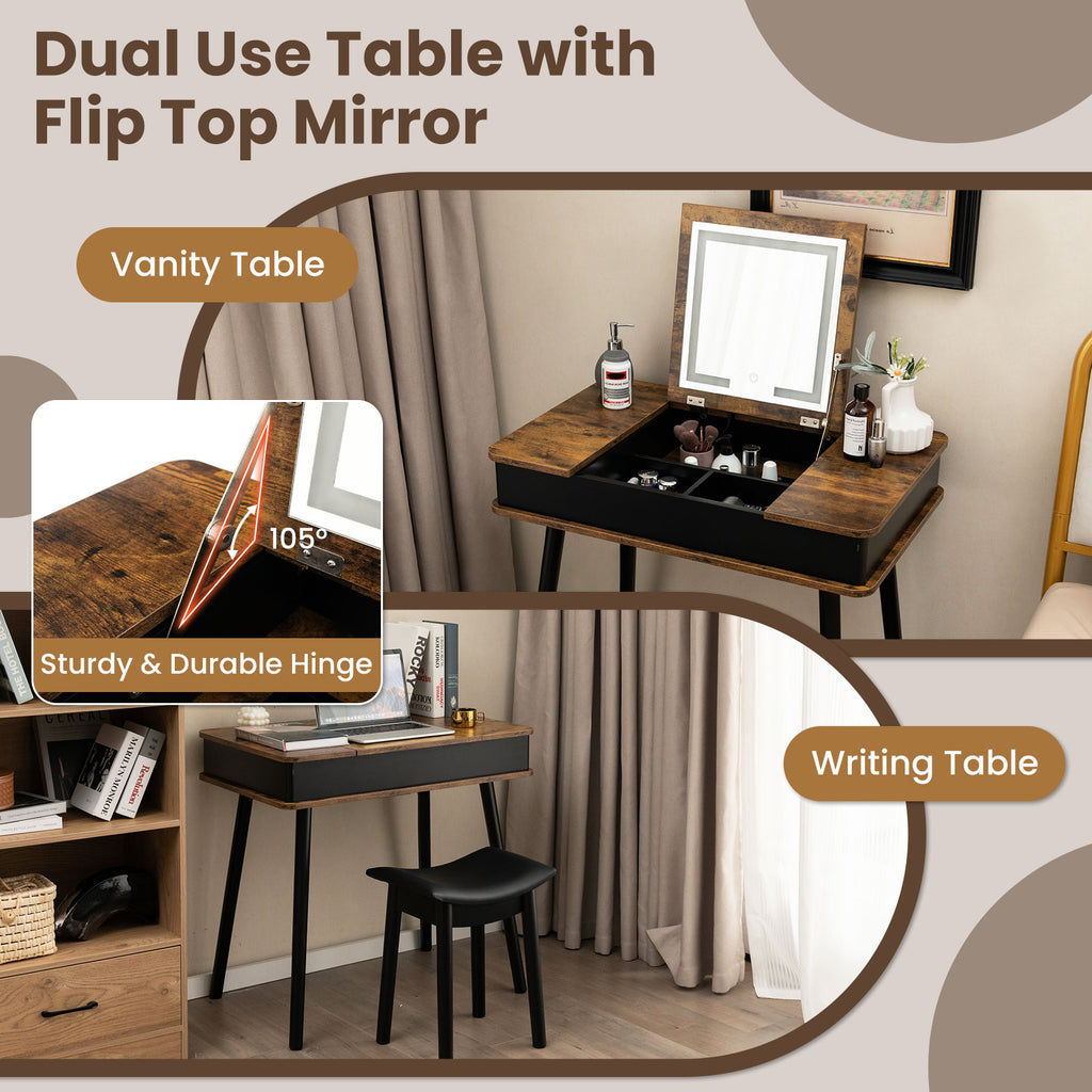 Vanity Table Set with LED Mirror and Storage - Brown