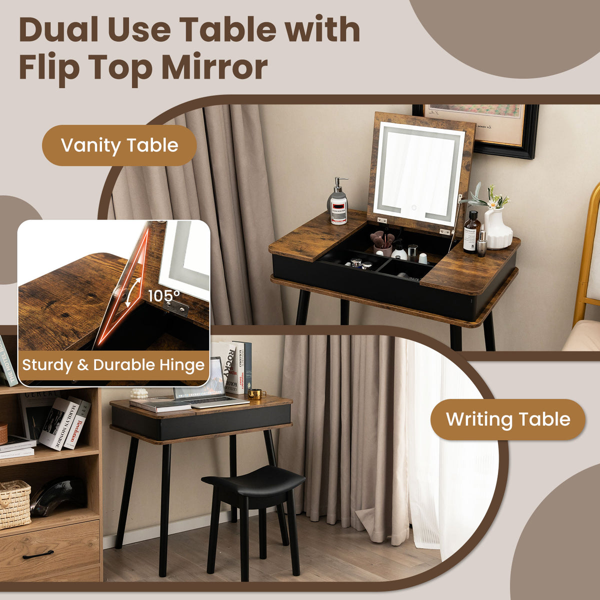 Vanity Table Set with LED Mirror and Storage - Brown