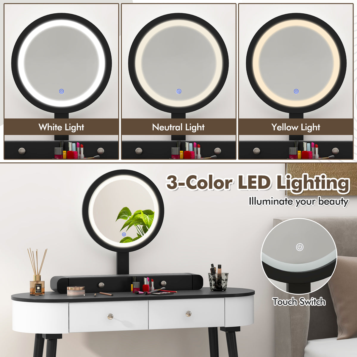Makeup Vanity Table with LED Mirror and 4 Drawers - White