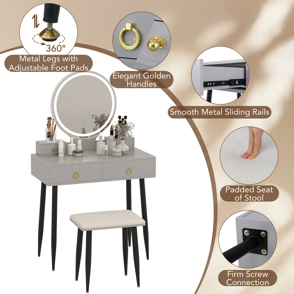 Vanity Table Set with Mirror and 4 Drawers - Gray