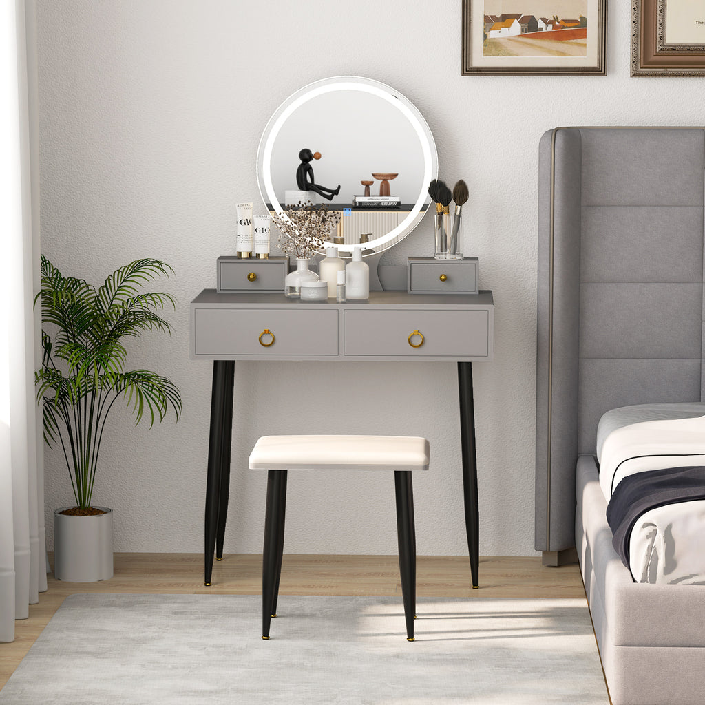Vanity Table Set with Mirror and 4 Drawers - Gray