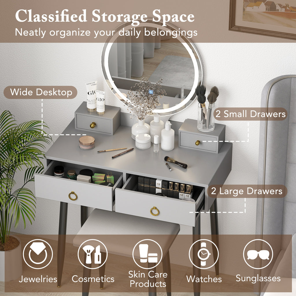Vanity Table Set with Mirror and 4 Drawers - Gray