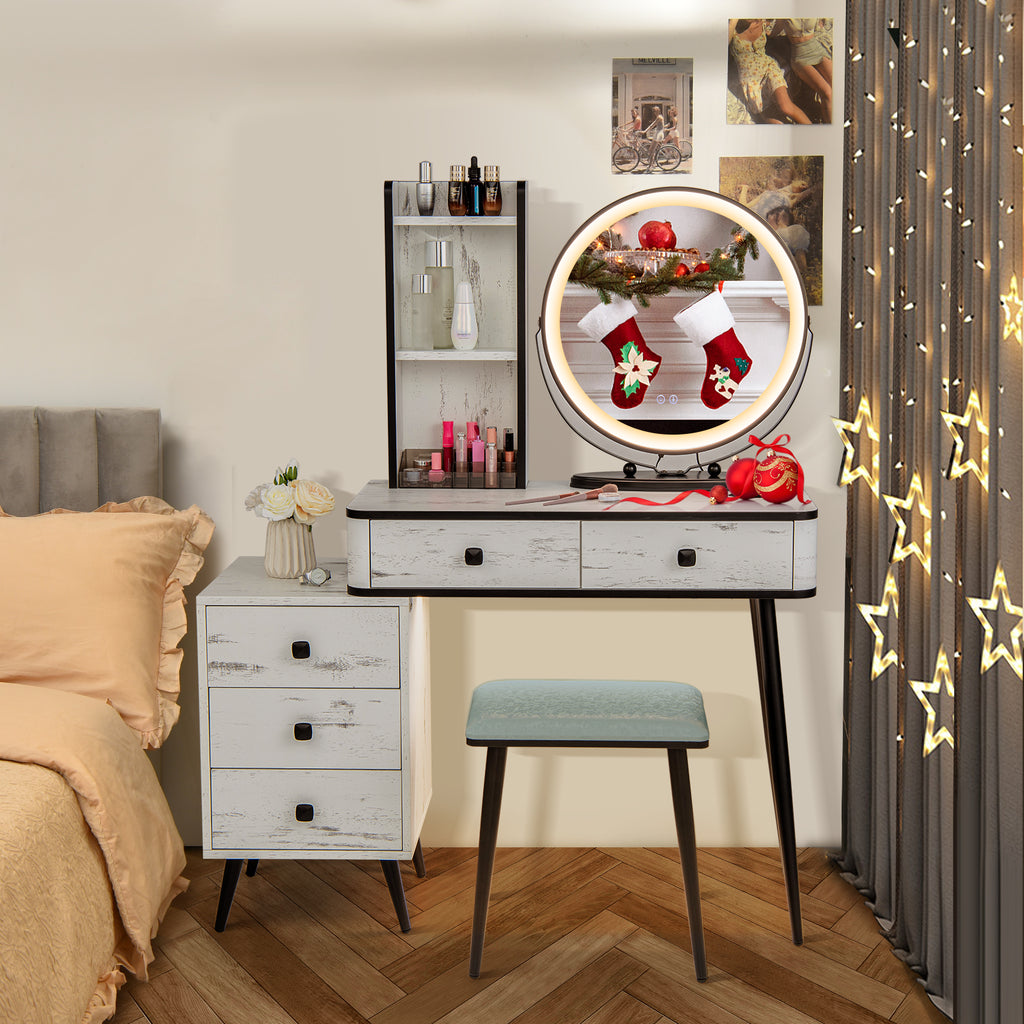 Vanity Table Set with Lighted Mirror and Stool - White with Cabinet