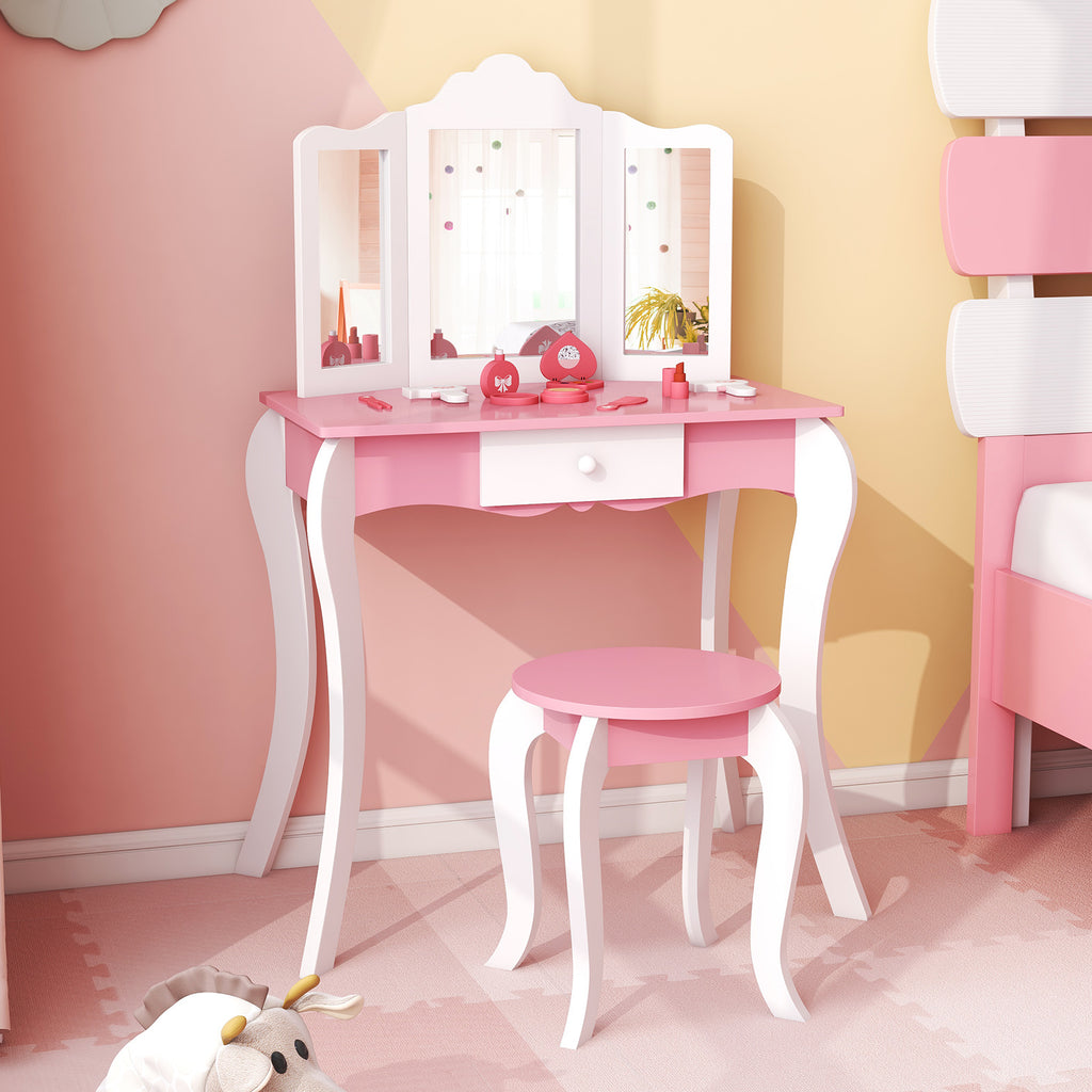 Kid's Wooden Vanity Table and Stool Set with 3-Panel Acrylic Mirror - White Variation