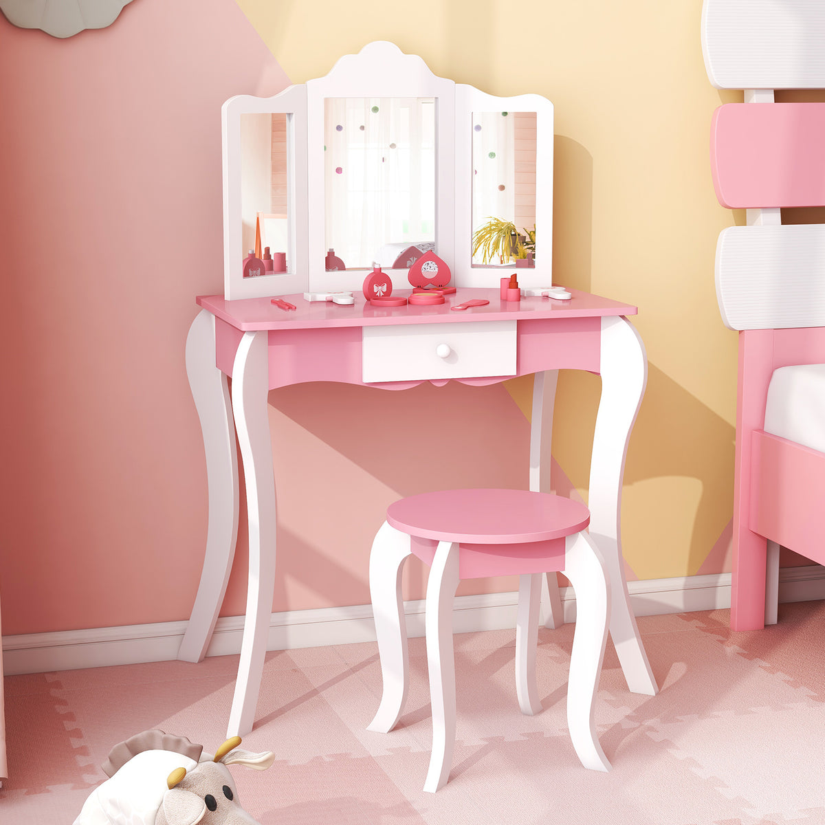 Kid's Wooden Vanity Table and Stool Set with 3-Panel Acrylic Mirror - White Variation