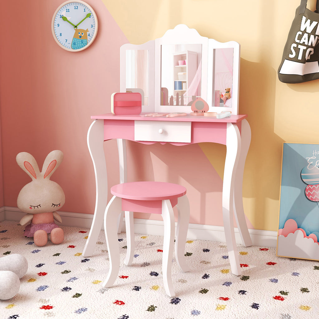 Kid's Wooden Vanity Table and Stool Set with 3-Panel Acrylic Mirror - White Variation
