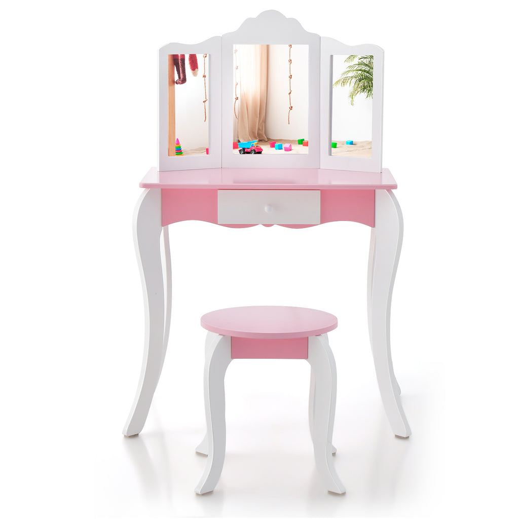 Kid's Wooden Vanity Table and Stool Set with 3-Panel Acrylic Mirror - White Variation