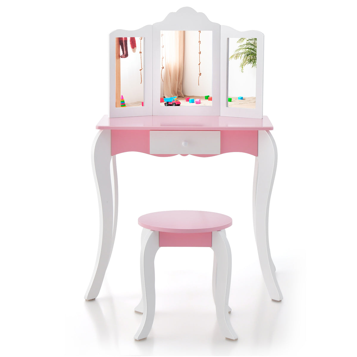 Kid's Wooden Vanity Table and Stool Set with 3-Panel Acrylic Mirror - White Variation