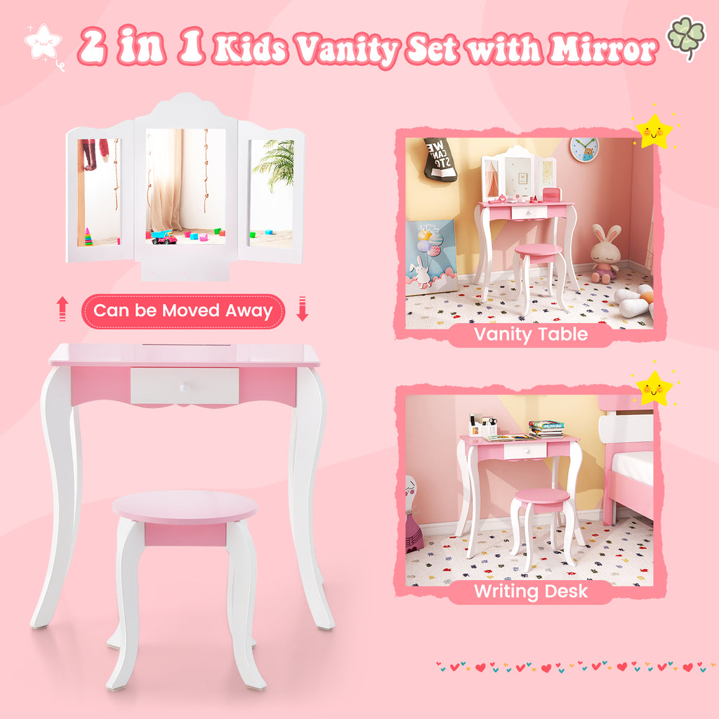 Kid's Wooden Vanity Table and Stool Set with 3-Panel Acrylic Mirror - White Variation