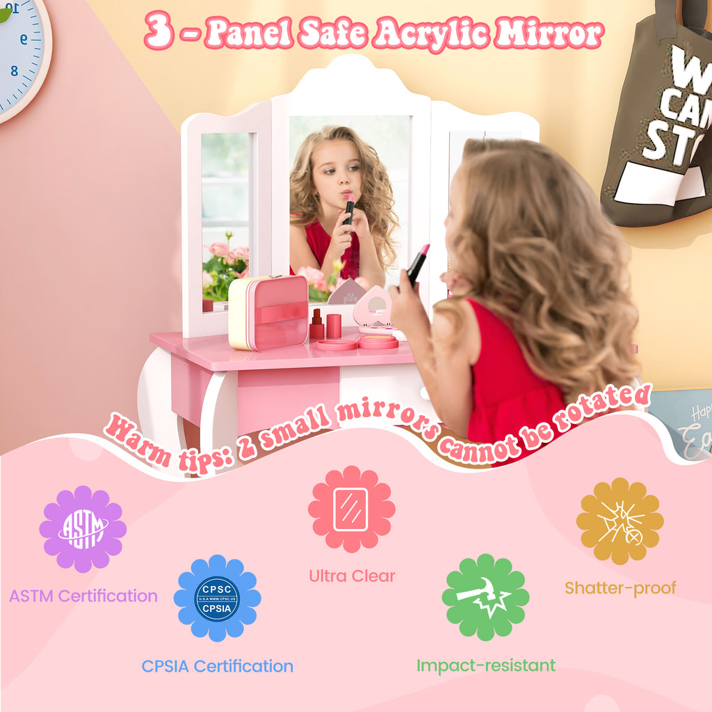 Kid's Wooden Vanity Table and Stool Set with 3-Panel Acrylic Mirror - White Variation