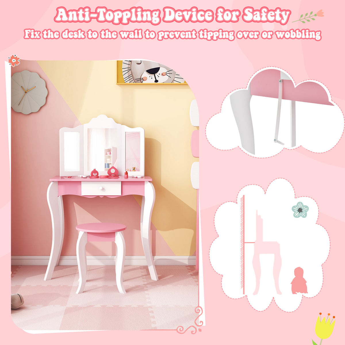 Kid's Wooden Vanity Table and Stool Set with 3-Panel Acrylic Mirror - White Variation