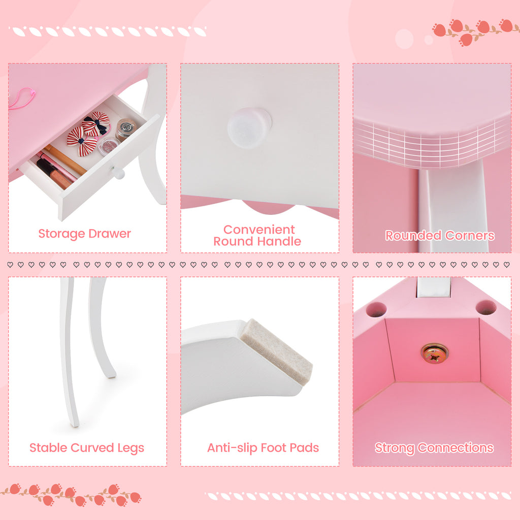 Kid's Wooden Vanity Table and Stool Set with 3-Panel Acrylic Mirror - White Variation