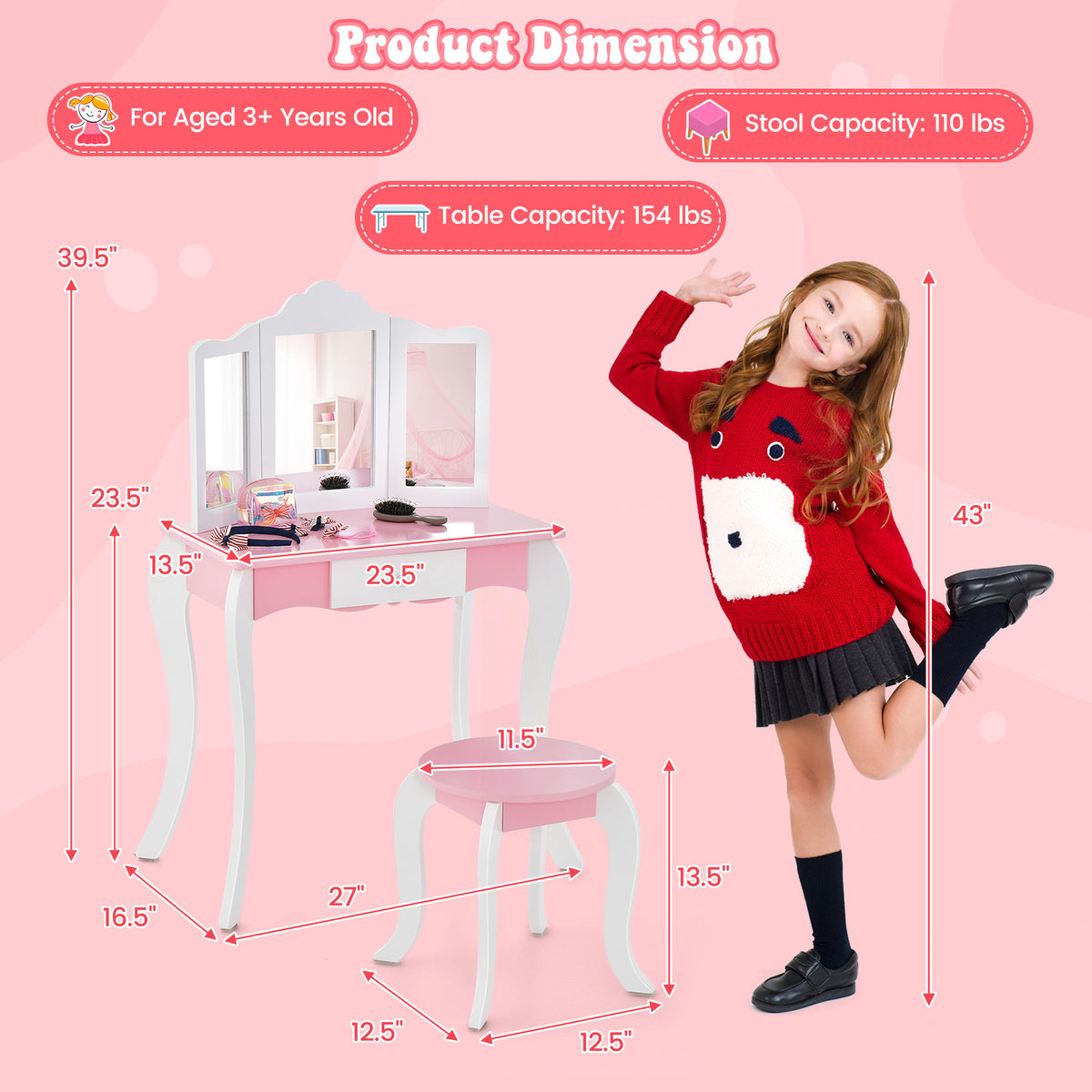 Kid's Wooden Vanity Table and Stool Set with 3-Panel Acrylic Mirror - White Variation