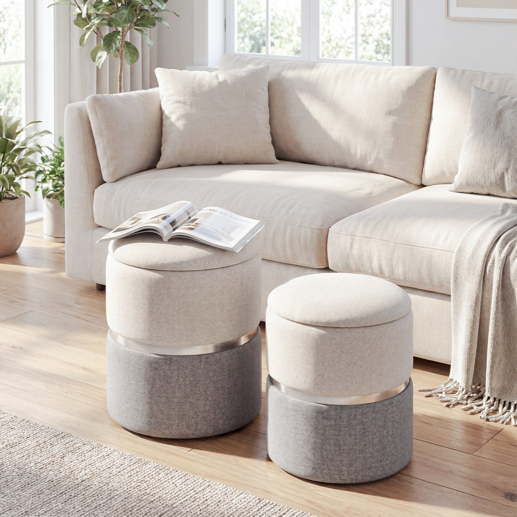 Velvet/Linen Storage Ottoman Set of 2 - Gray