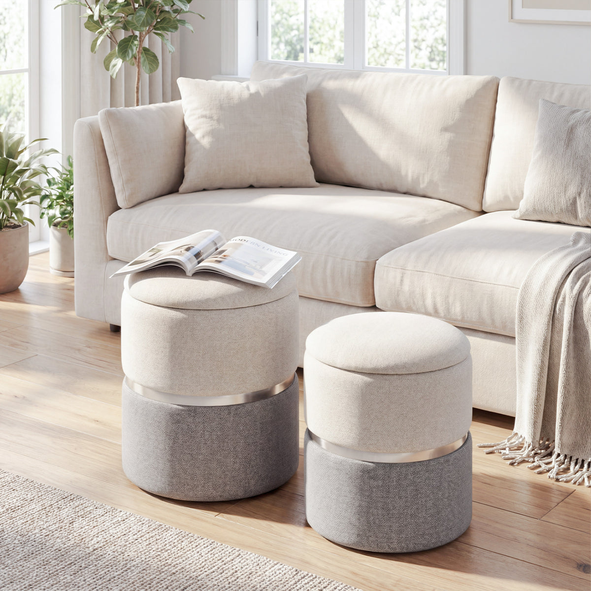Velvet/Linen Storage Ottoman Set of 2 - Gray