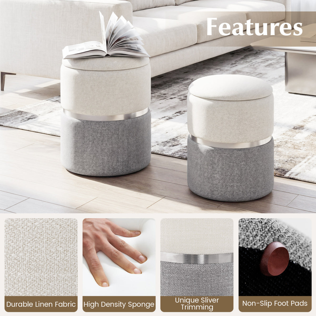 Velvet/Linen Storage Ottoman Set of 2 - Gray