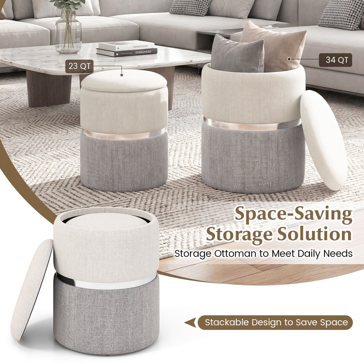 Velvet/Linen Storage Ottoman Set of 2 - Gray